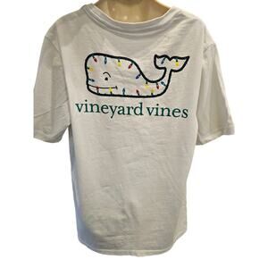 Vineyard Vines kids size S 8-10 white whale Christmas theme lights pocket tee